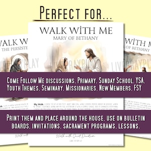 Może przedstawiać: Zestaw trzech wydruk&oacute;w na białym papierze z religijnymi ilustracjami Jezusa i Marii z Betanii. Tekst brzmi WALK WITH ME, MARY OF BETHANY i zawiera akapit zatytułowany My Walk oraz odniesienie do fragmentu pisma LUKE 10:38-42.