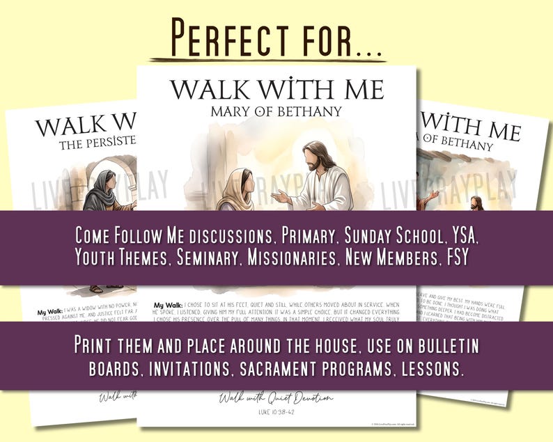 Może przedstawiać: Zestaw trzech wydruk&oacute;w na białym papierze z religijnymi ilustracjami Jezusa i Marii z Betanii. Tekst brzmi WALK WITH ME, MARY OF BETHANY i zawiera akapit zatytułowany My Walk oraz odniesienie do fragmentu pisma LUKE 10:38-42.