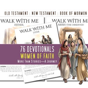 Könnte beinhalten: Abbildung von Andachtsbüchern mit dem Titel "Walk With Me" mit Illustrationen von Frauen. Die Bücher sind nach Altem Testament, Neuem Testament und Buch Mormon kategorisiert. Das Bild enthält auch den Text "76 Devotionals Women of Faith More Than Stories - A Journey."