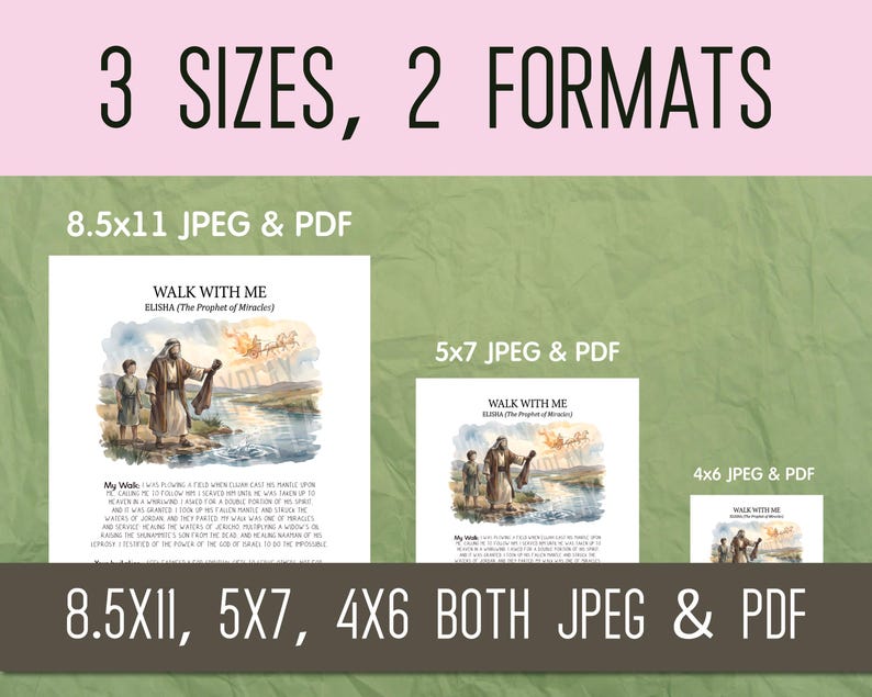 Puede incluir: Impresiones digitales disponibles en tres tama&ntilde;os: 8.5x11, 5x7 y 4x6 pulgadas (aproximadamente 21,6 x 27,9 cm, 12,7 x 17,8 cm y 10,2 x 15,2 cm), en formatos JPEG y PDF. Las impresiones presentan una ilustraci&oacute;n b&iacute;blica.