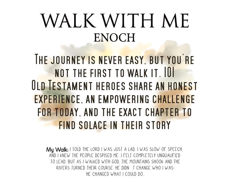 Puede incluir: Fondo blanco con texto negro: &laquo;WALK WITH ME ENOCH&raquo;. Texto adicional que describe el viaje y la b&uacute;squeda de consuelo. El texto inferior dice: &laquo;My Walk: I told the Lord...&raquo;