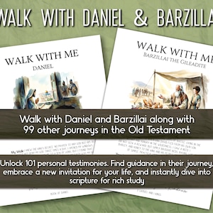 Puede incluir: Dos libros de bolsillo blancos titulados "Walk With Me" con ilustraciones. Uno presenta a Daniel, el otro a Barzillai. El texto dice "Camina con Daniel y Barzillai junto con otros 99 viajes en el Antiguo Testamento". Texto adicional promueve 101 testimonios personales.