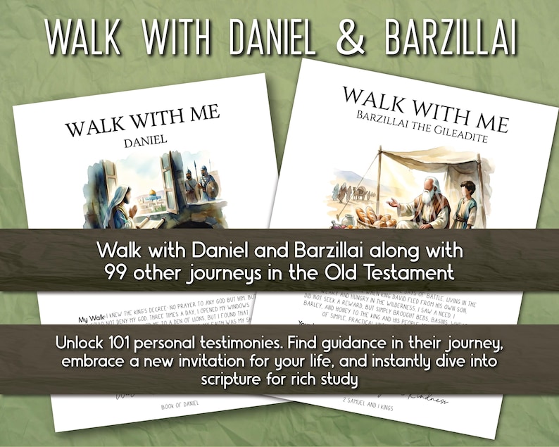 Puede incluir: Dos libros de bolsillo blancos titulados "Walk With Me" con ilustraciones. Uno presenta a Daniel, el otro a Barzillai. El texto dice "Camina con Daniel y Barzillai junto con otros 99 viajes en el Antiguo Testamento". Texto adicional promueve 101 testimonios personales.