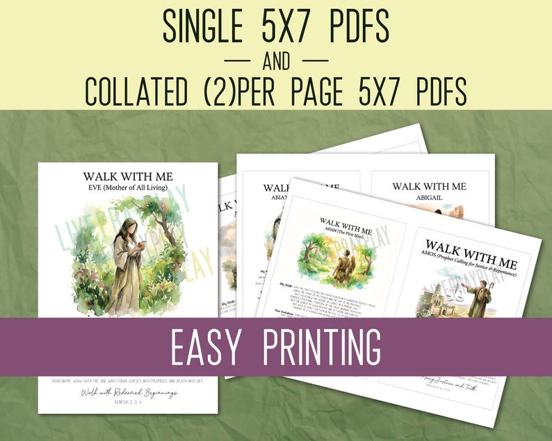 Puede incluir: Una colecci&oacute;n de archivos PDF imprimibles de 5x7. La imagen presenta varias p&aacute;ginas con el texto "WALK WITH ME" e ilustraciones. Tambi&eacute;n es visible el texto "EASY PRINTING". Los archivos est&aacute;n dise&ntilde;ados para una f&aacute;cil impresi&oacute;n en casa.