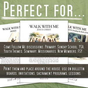 Puede incluir: Una colecci&oacute;n de materiales impresos con el texto "Walk With Me" y varios temas, incluyendo Mois&eacute;s y Jesucristo. Los materiales est&aacute;n dise&ntilde;ados para discusiones, temas juveniles y lecciones. El fondo es verde texturizado.