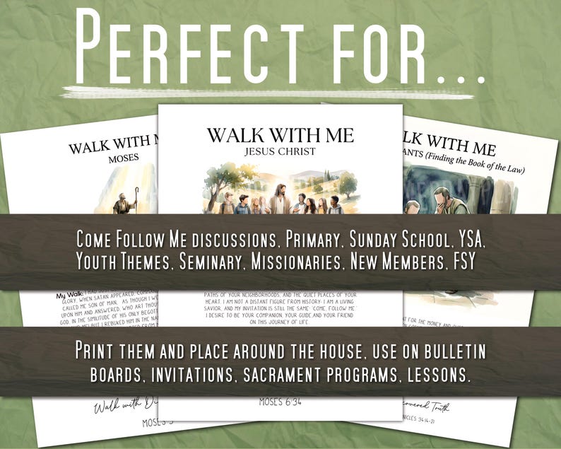Puede incluir: Una colecci&oacute;n de materiales impresos con el texto "Walk With Me" y varios temas, incluyendo Mois&eacute;s y Jesucristo. Los materiales est&aacute;n dise&ntilde;ados para discusiones, temas juveniles y lecciones. El fondo es verde texturizado.
