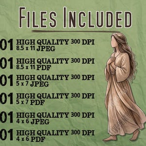 Puede incluir: Impresi&oacute;n de arte digital con el texto "FILES INCLUDED" y un dibujo de una mujer con un vestido largo. La imagen enumera 101 archivos JPEG y PDF de alta calidad en varios tama&ntilde;os, incluyendo 21,6 x 27,9 cm, 12,7 x 17,8 cm y 10,2 x 15,2 cm.