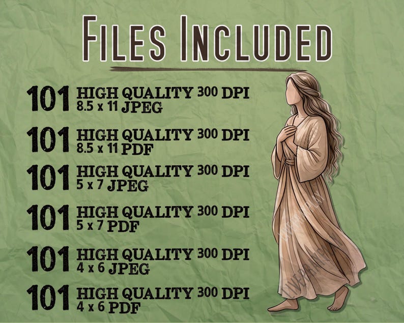 Puede incluir: Impresi&oacute;n de arte digital con el texto "FILES INCLUDED" y un dibujo de una mujer con un vestido largo. La imagen enumera 101 archivos JPEG y PDF de alta calidad en varios tama&ntilde;os, incluyendo 21,6 x 27,9 cm, 12,7 x 17,8 cm y 10,2 x 15,2 cm.