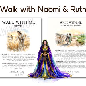 Może przedstawiać: Dwa białe prostokątne wydruki zatytułowane Walk With Me Ruth i Walk With Me Naomi z akwarelowymi ilustracjami postaci na polu i tekstem, wyśrodkowane przez bezlicą postać w długiej fioletowo-złotej szacie z nakryciem głowy.