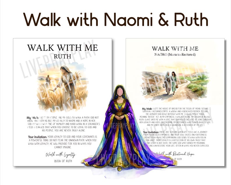 Może przedstawiać: Dwa białe prostokątne wydruki zatytułowane Walk With Me Ruth i Walk With Me Naomi z akwarelowymi ilustracjami postaci na polu i tekstem, wyśrodkowane przez bezlicą postać w długiej fioletowo-złotej szacie z nakryciem głowy.