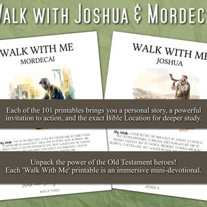 Puede incluir: Dos impresiones en papel blanco con el texto "Walk With Me" y los nombres "Mordecai" y "Joshua". Las impresiones presentan ilustraciones y texto. La imagen tambi&eacute;n incluye el texto "Cada una de las 101 impresiones te brinda una historia personal..."