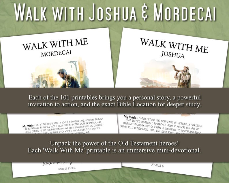 Puede incluir: Dos impresiones en papel blanco con el texto "Walk With Me" y los nombres "Mordecai" y "Joshua". Las impresiones presentan ilustraciones y texto. La imagen tambi&eacute;n incluye el texto "Cada una de las 101 impresiones te brinda una historia personal..."