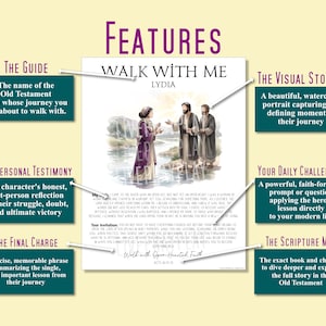 Może przedstawiać: Biały plakat informacyjny zatytułowany Walk With Me Lydia, zawierający akwarelową ilustrację trzech postaci nad rzeką. Plakat zawiera sekcje tekstowe oznaczone jako The Guide, The Visual Story, The Personal Testimony, Your Daily Challenge, The Final Charge oraz The Scripture Map, ze strzałkami wskazującymi każdy obszar.