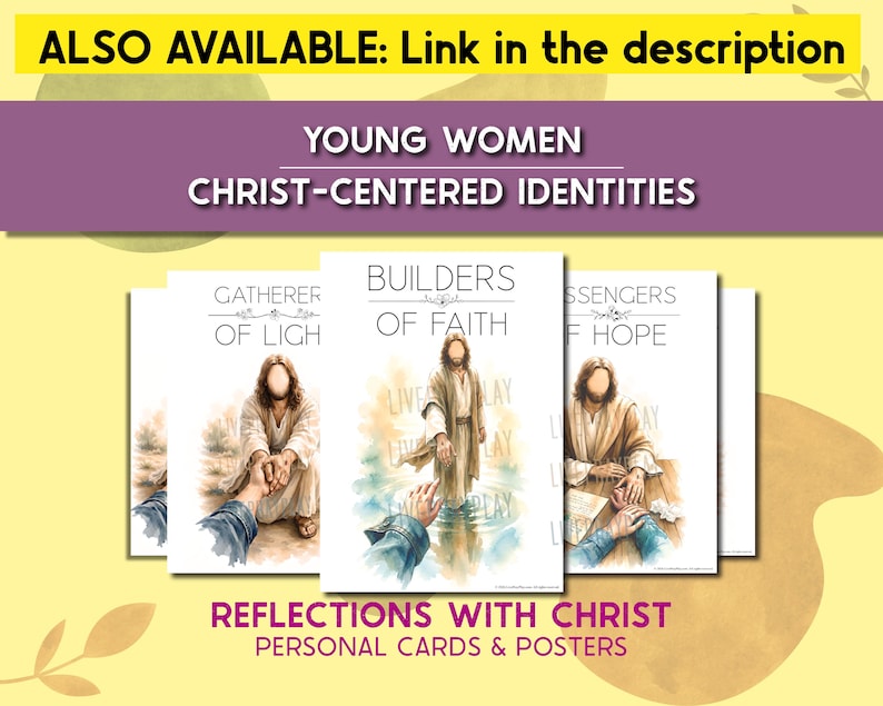 Może przedstawiać: Kolekcja prostokątnych plakat&oacute;w i kart z akwarelowymi ilustracjami postaci w szatach. Tekst zawiera "YOUNG WOMEN CHRIST-CENTERED IDENTITIES", "GATHERERS OF LIGHT", "BUILDERS OF FAITH", "MESSENGERS OF HOPE" oraz "REFLECTIONS WITH CHRIST".