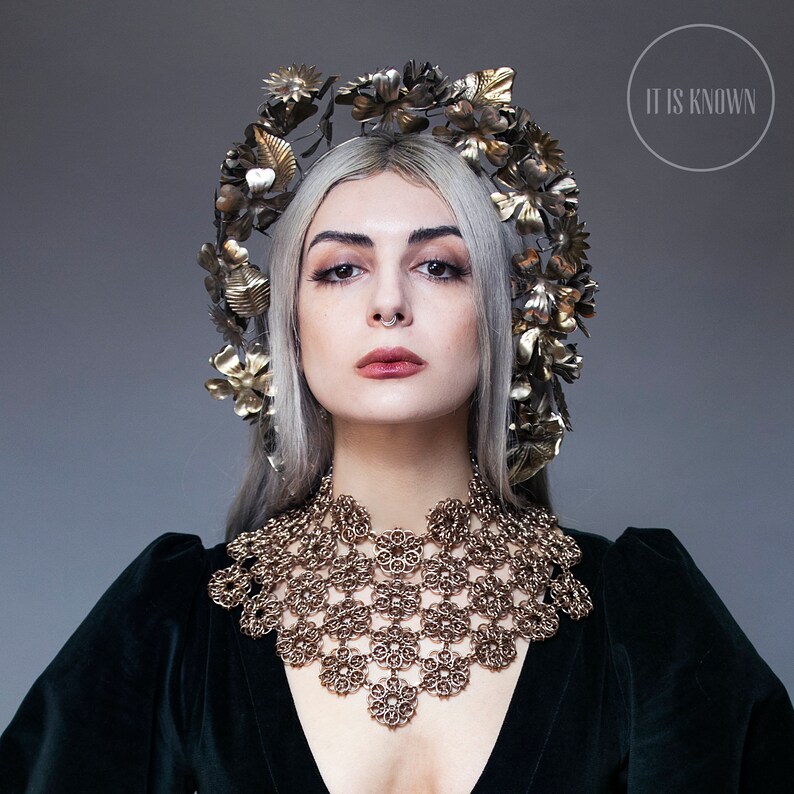 Persephone II-chainmaille floral weave posture collar choker bib necklace statement mantle Viking costume accessory