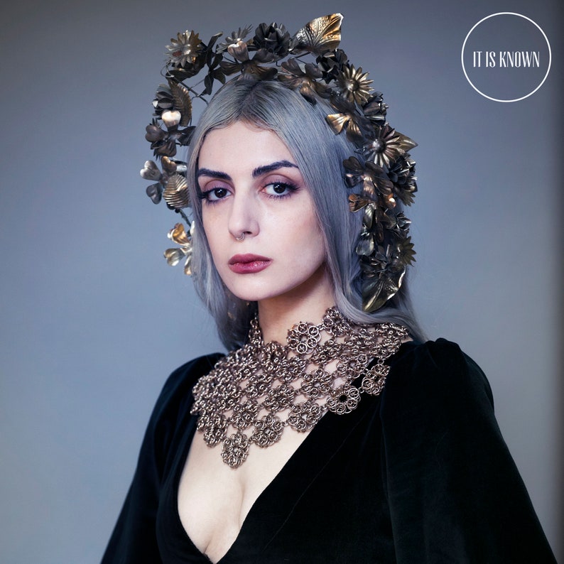 Persephone II-chainmaille floral weave posture collar choker bib necklace statement mantle Viking costume accessory