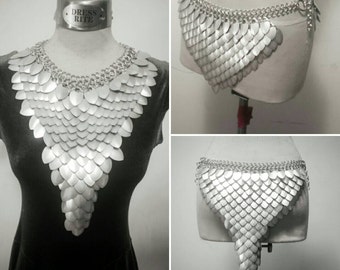 The Silver Mirage-Deluxe Transforming Scalemaille scale mail loincloth armor Skirt belt + Statement Bib Necklace