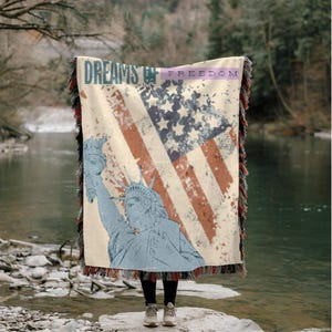 Independence Day, 4th of July, Woven Blanket, USA Flag, Statue of Liberty, Dreams of Freedom, Patriotic Home Decor, Veterans Day