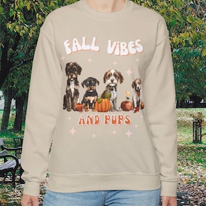 Fall season puppy crewneck sweatshirt, autumn season sweater dog lovers, pumpkin season doggy long sleeve pullover, retro fall dog sweater