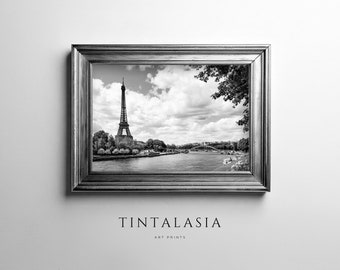 Eiffel Tower on Seine | Paris Wall Art Print | Digital Download | Black & White | Travel Decor | France Landscape Printable Art photograph