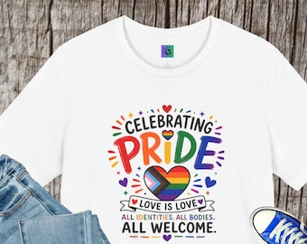 Celebrating Pride heart rainbow tee | Love Is Love inclusive welcome