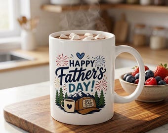 Father's Day Mountain Camping Coffee Mug | Pine Trees, Fireworks, Dad Hat
