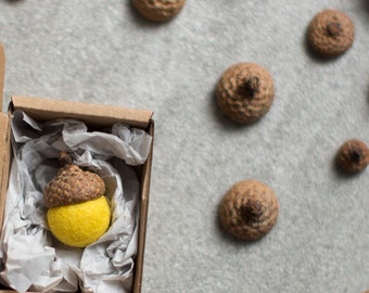 Real acorn cap fridge magnet with wool, Yellow kitchen decor in kraft gift box, Cute homeware idea