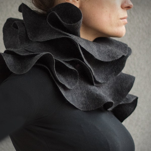 Elegant statement ruffle scarf - Sculptural charcoal grey nuno felted ruffled shawl - Wearable wool silk fiber art - Eco fashion