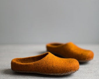 Burnt orange slippers for women, Pumpkin orange felted wool house shoes, Very comfortable barefoot home footwear with soft stitched soles