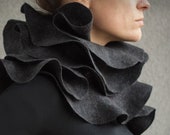 Elegant statement ruffle scarf - Sculptural perfect grey nuno felted ruffled shawl - Wearable wool silk fiber art - Eco fashion