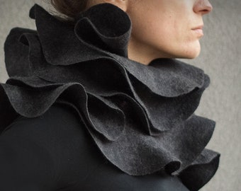 Elegant statement ruffle scarf - Sculptural charcoal grey nuno felted ruffled shawl - Wearable wool silk fiber art - Eco fashion