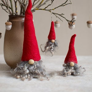 Christmas gnome for rustic holiday decor - Choose 1 or a set of 3 cute fuzzy shelf sitters or ornament - Farmhouse Scandinavian style tomte