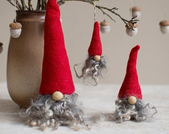Christmas gnome for rustic holiday decor - Choose 1 or a set of 3 cute fuzzy shelf sitters or ornament - Farmhouse Scandinavian style tomte