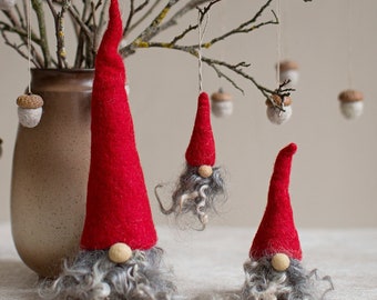 Christmas gnome for rustic holiday decor - Choose 1 or a set of 3 cute fuzzy shelf sitters or ornament - Farmhouse Scandinavian style tomte
