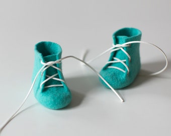 Baby crib shoes, Newborn booties, Laced up woolen baby boots, Felted shoes for children made from electric teal cyan blue aqua merino wool