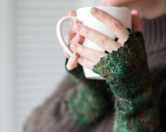 Felted fingerless gloves, Wool mittens, Felt arm warmers in woodland emerald green with sparkling shiny multicolored rainbow surface