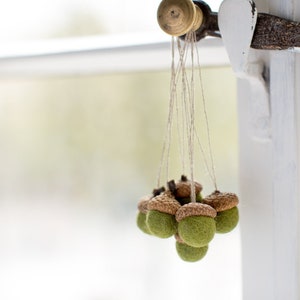 Felted acorn ornaments in mossy green, Set of 6 woodland weddings party favors, Autumn season decorations, Fall and Thanksgiving decor image 1