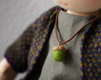 Felted acorn necklace for Waldorf dolls -- Custom color wool, real acorn cap top and leatherette forest pendant for large dolls