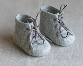 Newborn booties, Natural organic merino wool boots, Felted unisex eco friendly grey laced shoes for baby shower gift