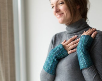 Fingerless gloves, Teal wool mittens for women,  Eco friendly fancy yarn striped felted arm warmers in true summer blueish green