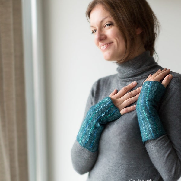 Fingerless gloves, Teal wool mittens for women,  Eco friendly fancy yarn striped felted arm warmers in true summer blueish green