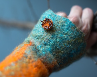 Felted fingerless gloves - Wool mittens - Felt arm warmers in fire orange and teal turquoise blue - Woolen hand warmers with button