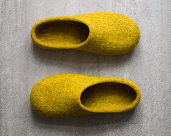 Yellow slippers, Women slippers, Felted clogs, Mustard yellow house shoes, Eco friendly home shoes, Wool anniversary gift for her