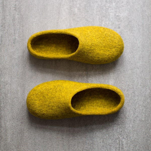 Yellow slippers, Women slippers, Felted clogs, Mustard yellow house shoes, Eco friendly home shoes, Wool anniversary gift for her