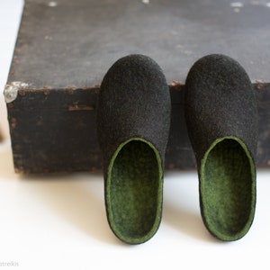 Felted men slippers, Mens house shoes, Forest green black brown natural wool clogs, Eco friendly gift for him Wool anniversary Christmas image 1