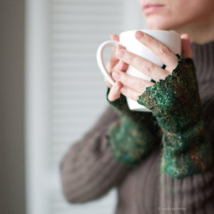 Felted fingerless gloves, Wool fingerless mittens, Felt arm warmers in dark emerald green with shiny multicolor rainbow surface image 1