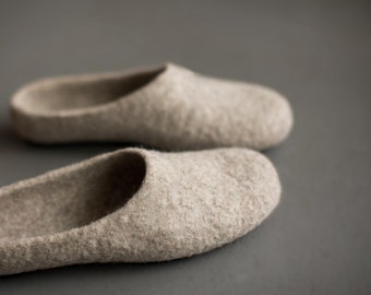 Organic wool slippers for women, Sustainable beige house shoes, Grandmother gift of comfort, Natural wool clogs, Eco friendly gift for her