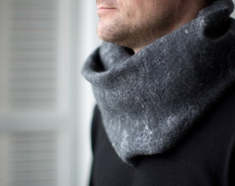 Gray scarf, Felted unisex infinity scarf, Minimalist tube shawl, Wool felt cowl, Muffler gift for her him, Neck warmer
