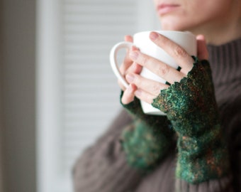 Felted fingerless gloves, Wool fingerless mittens, Felt arm warmers in dark emerald green with shiny multicolor rainbow surface