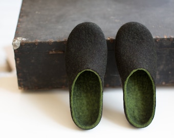Felted Men Slippers, Mens House Shoes, Forest Green Black Brown